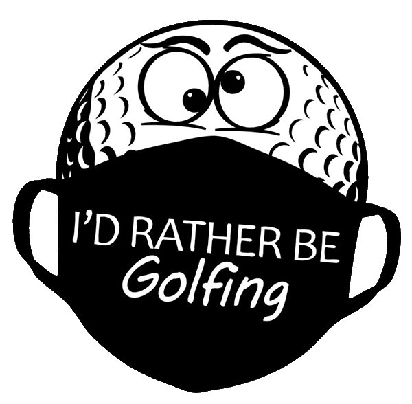 A cartoon golf ball with a mask on that says 'I'd rather be golfing'